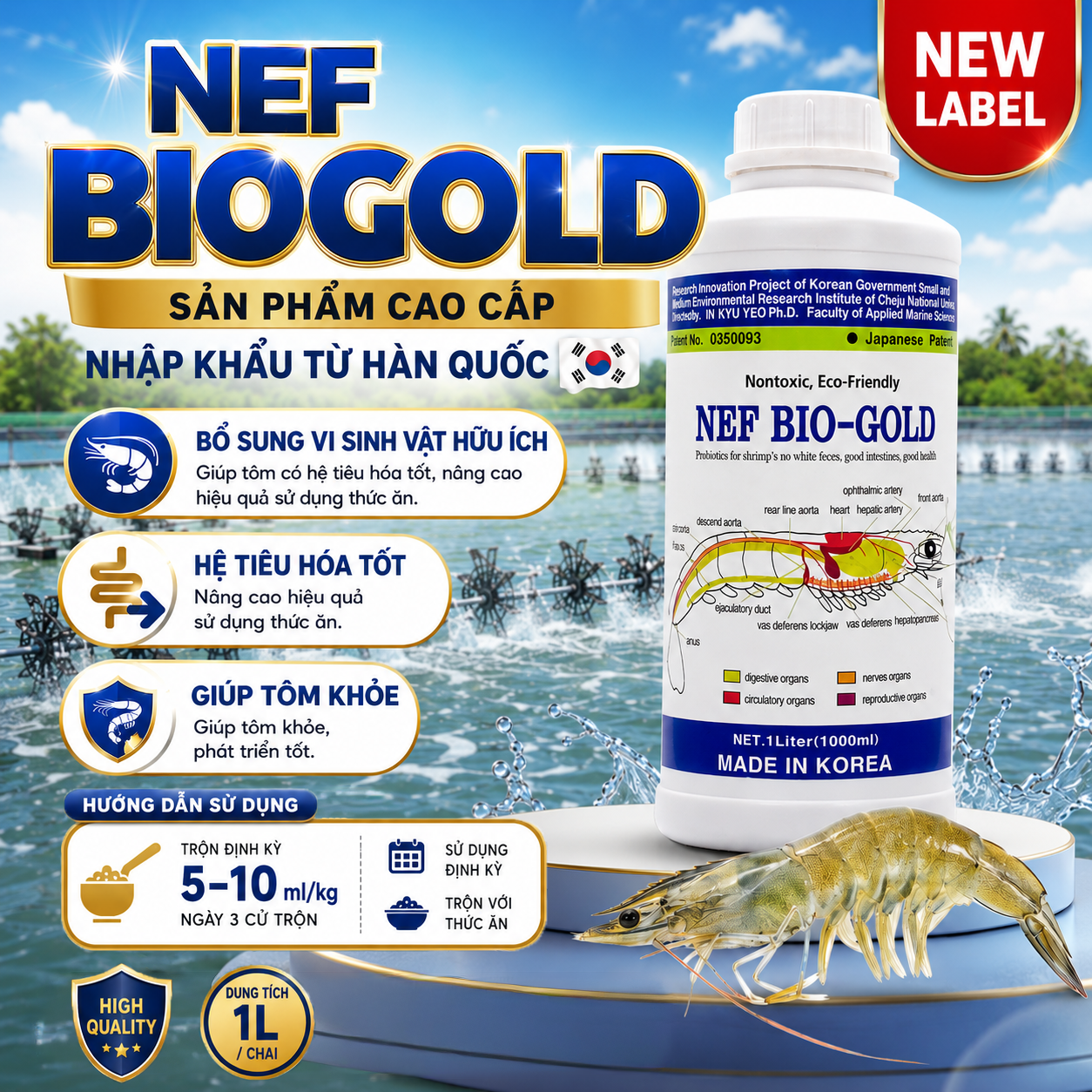 NEF BIO-GOLD 1 LÍT - Giúp tôm có hệ tiêu hóa tốt, giúp tôm khỏe